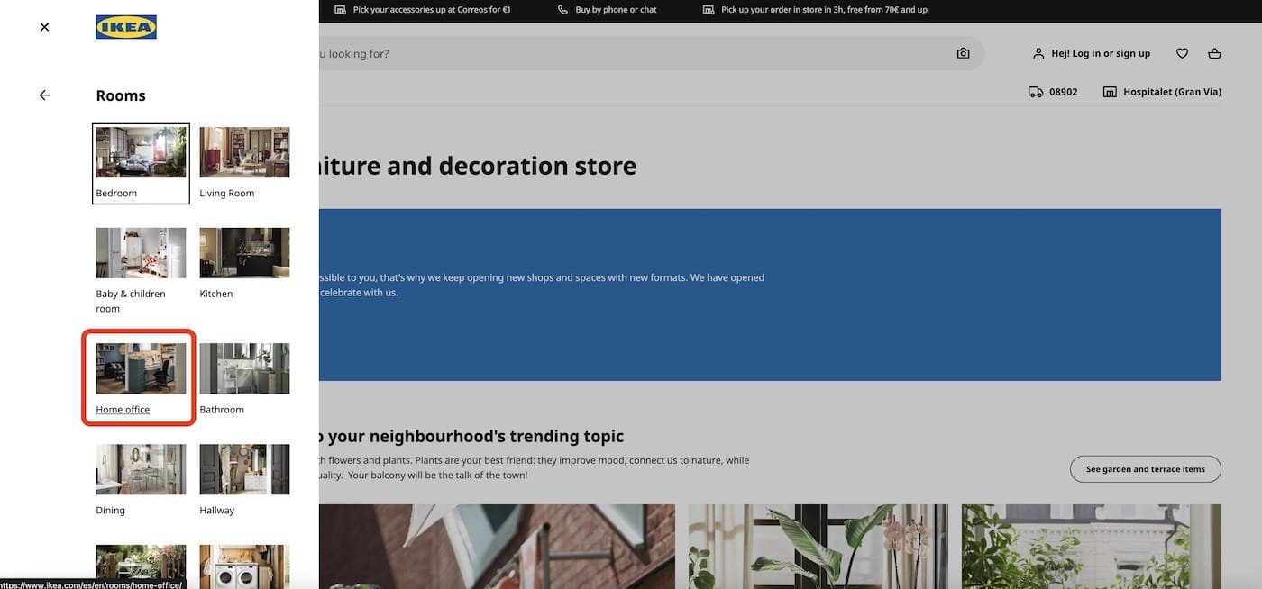 Homepage IKEA con categorie principali che applicano la legge di Hick